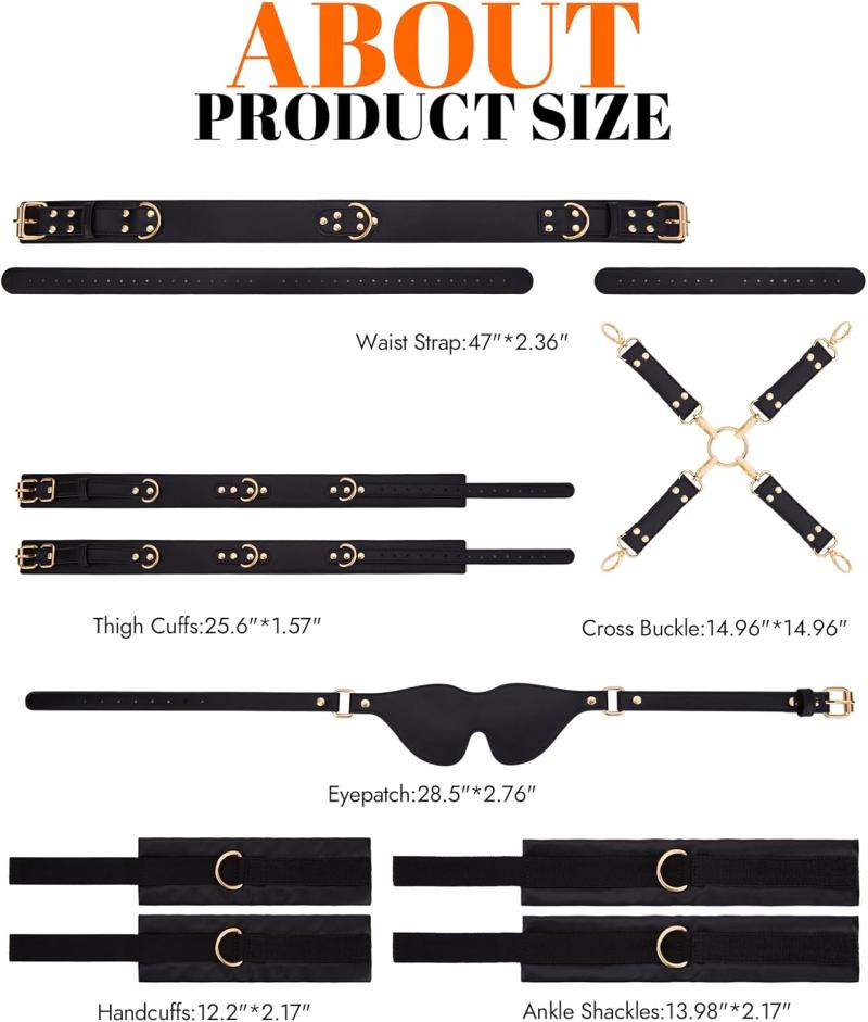 BDSM Bondage Kit 6PCS – Adjustable Handcuffs, Waist Strap & Blindfold Set for Couples